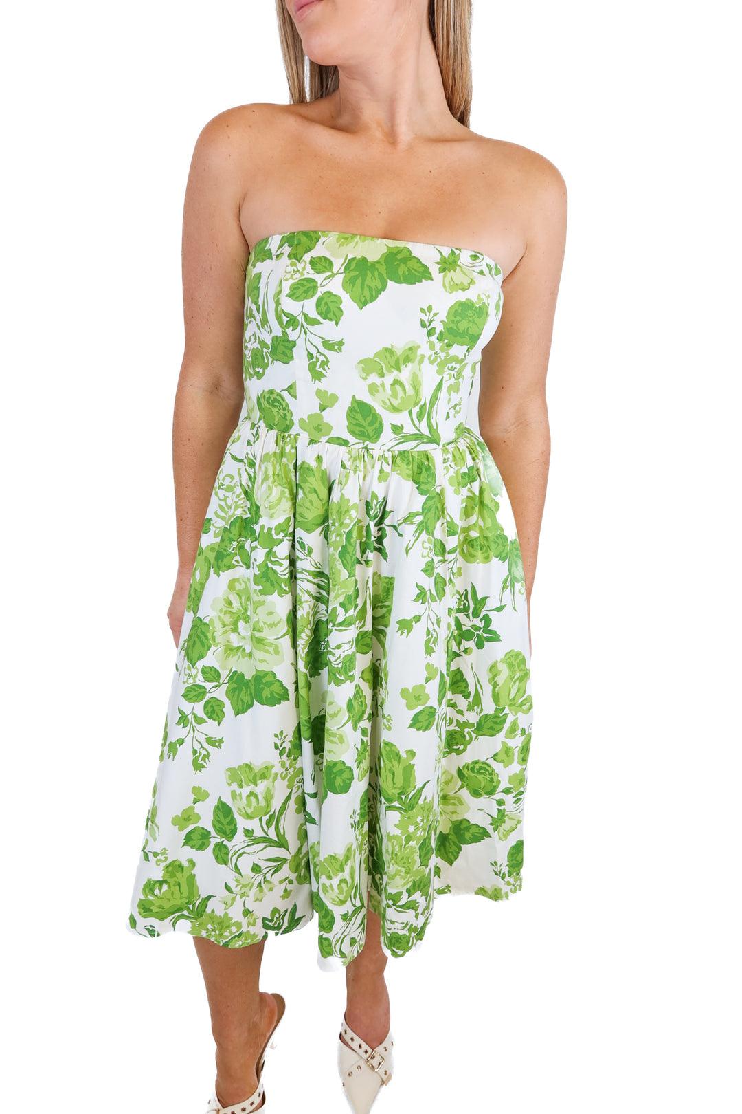Reformation Green Floral Strapless Dress (4)