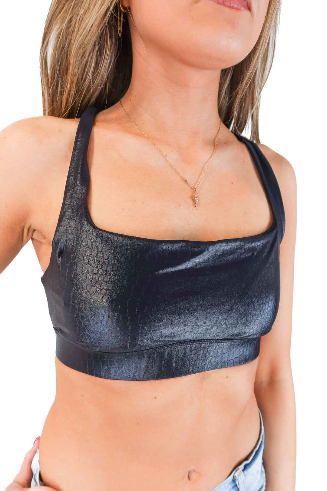 Carbon Shiny Black Croc Embossed Sports Bras (M)