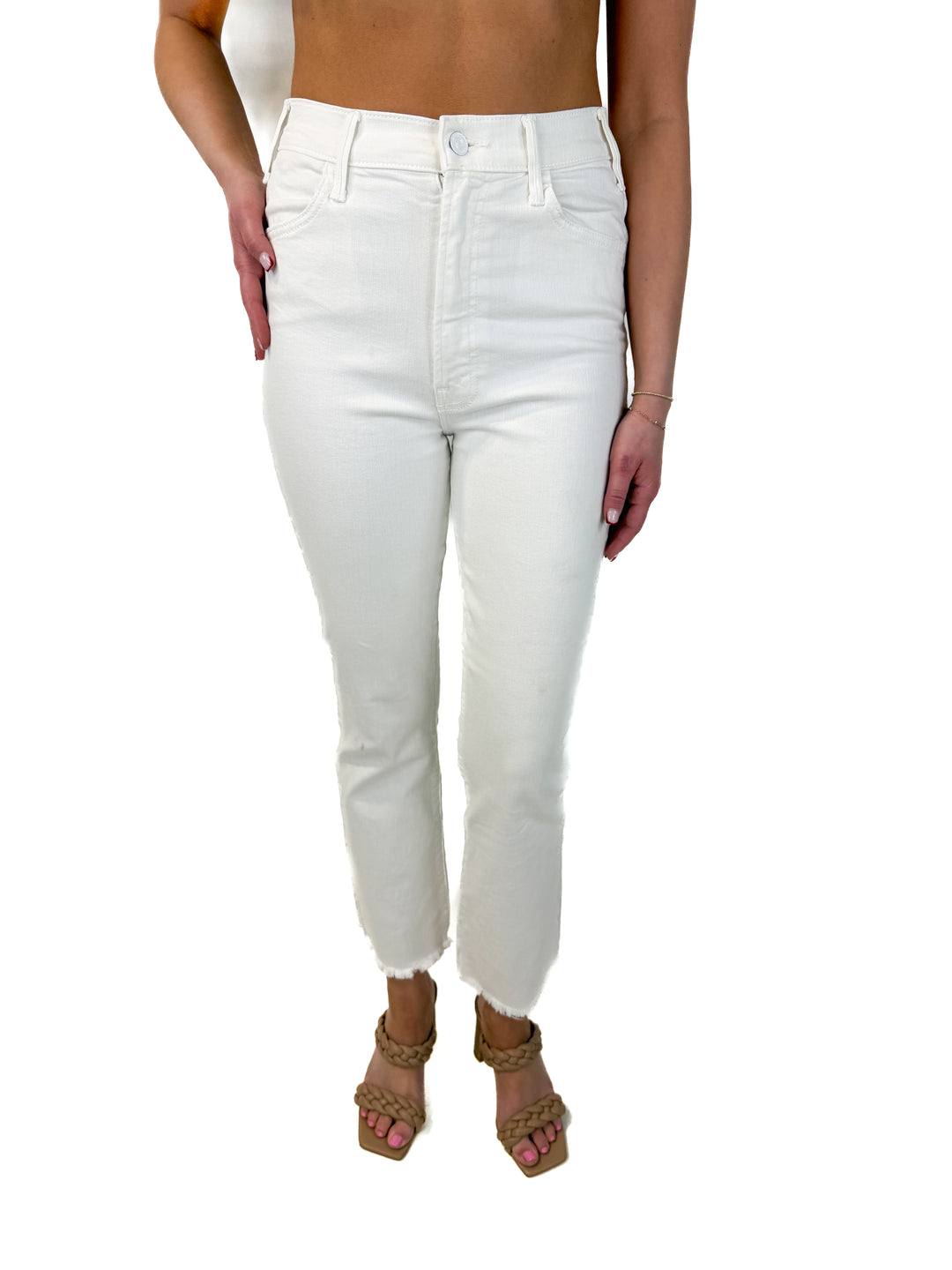 mother white raw hem jeans (28; retail $228)