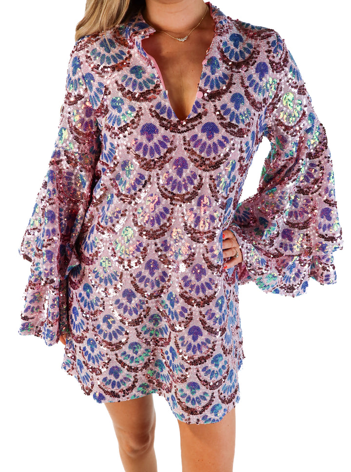 Buddy love purple sequin tiered sleeve dress (s; retail $180)
