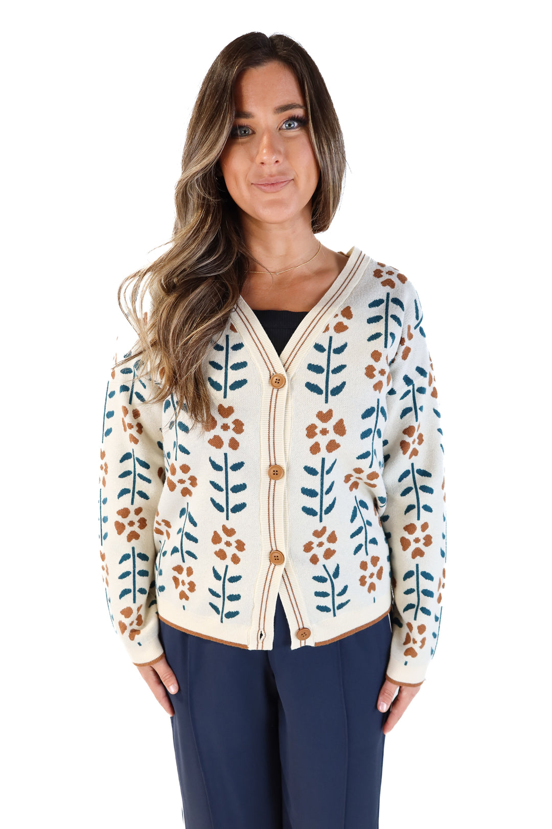 Beige floral/striped cardigan (L)