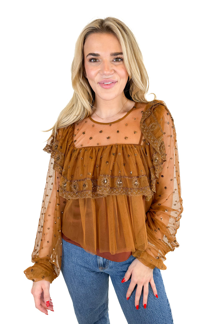 Free People Disco Ball Mesh Bronze Top (S)