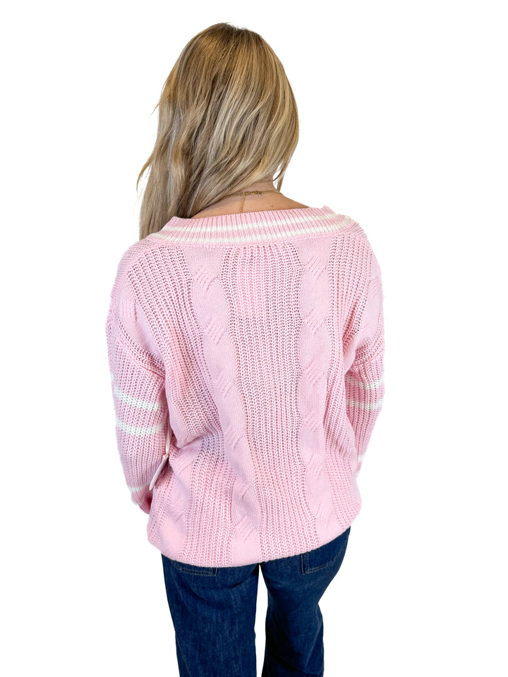 More To Come Pink V-neck Cable Knit Sweater (S)