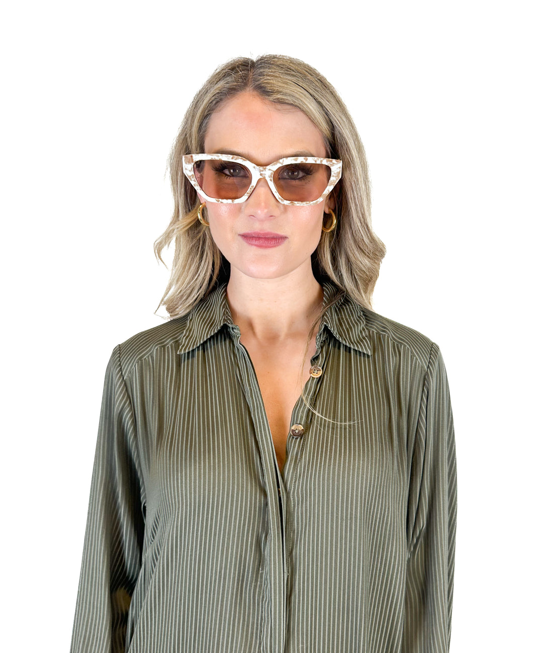 White and Tan Sunglasses with Chain Detail