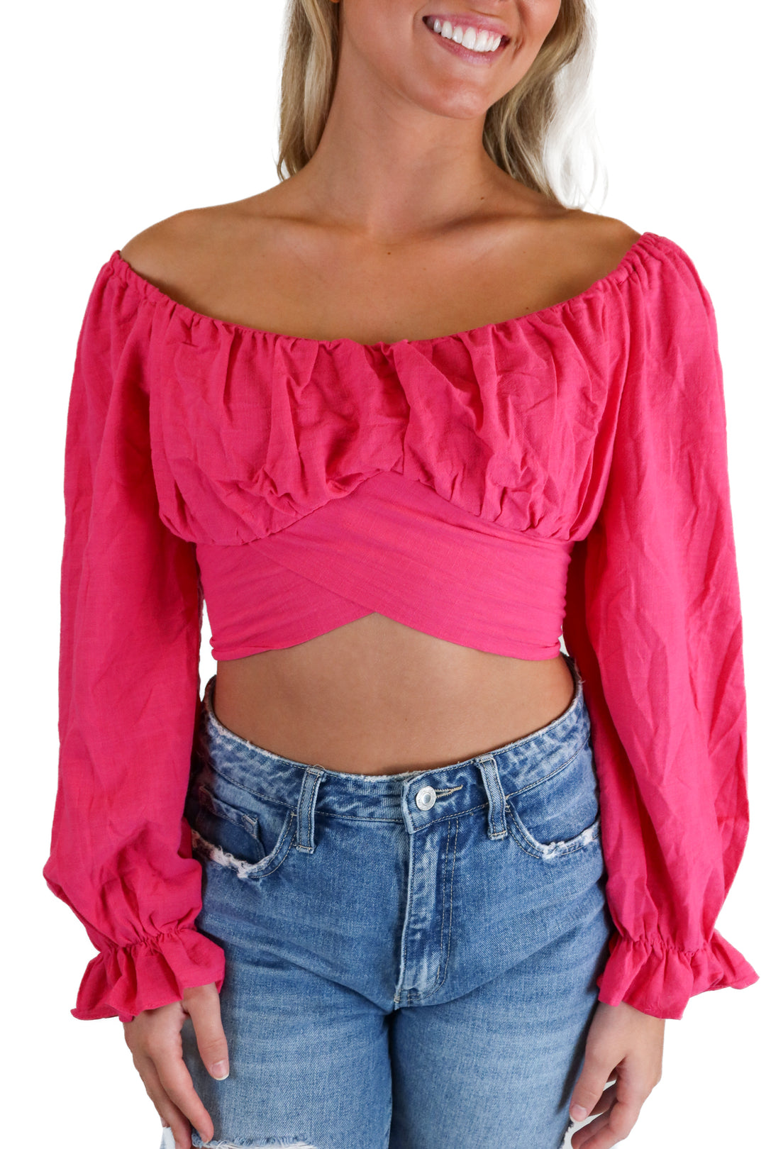 Hello Molly Hot Pink Long Sleeve Crop Top (S)