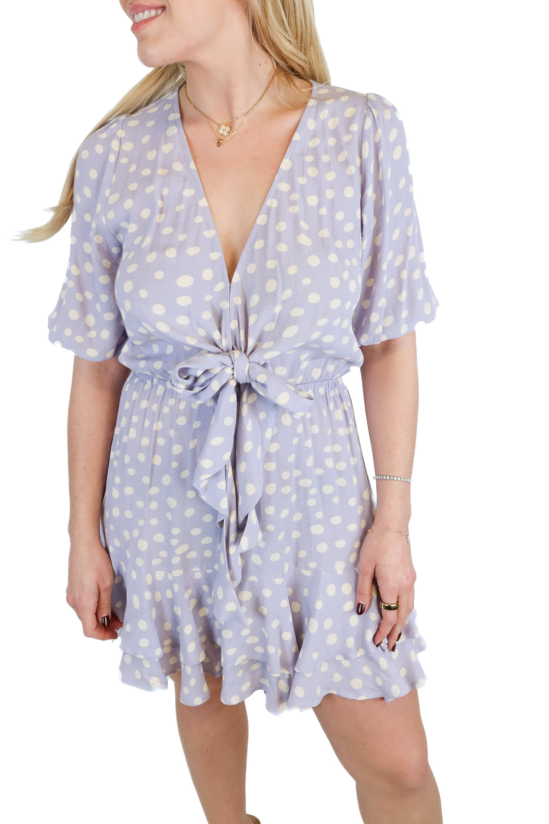 Kivari purple/white polka dot mini dress (4; retail $279)