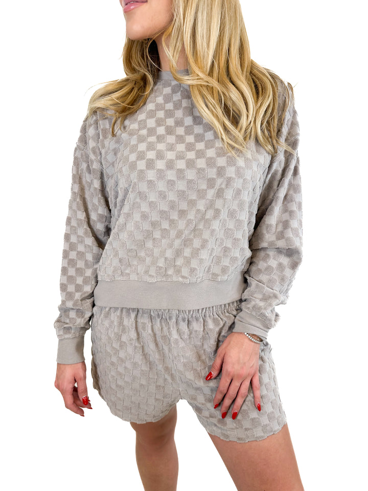 Rylee + Cru Cloud Check French Terry Top and Shorts Set (S)