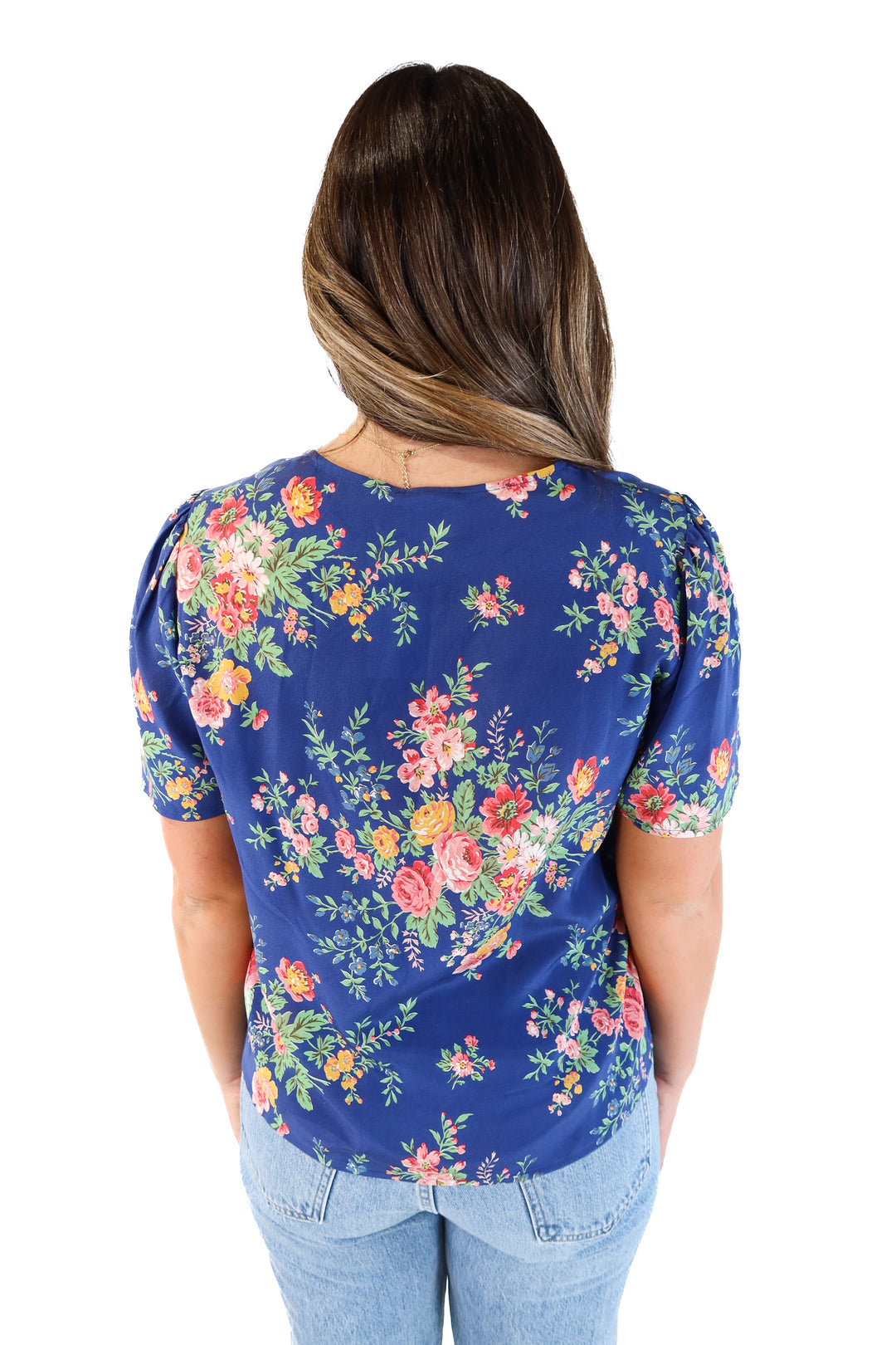 Sezane blue floral deep v button up top (42; retail $130)
