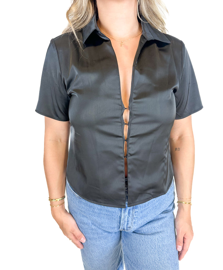 Lulus Black Satin Hook-and-Eye Short Sleeve Top (L)
