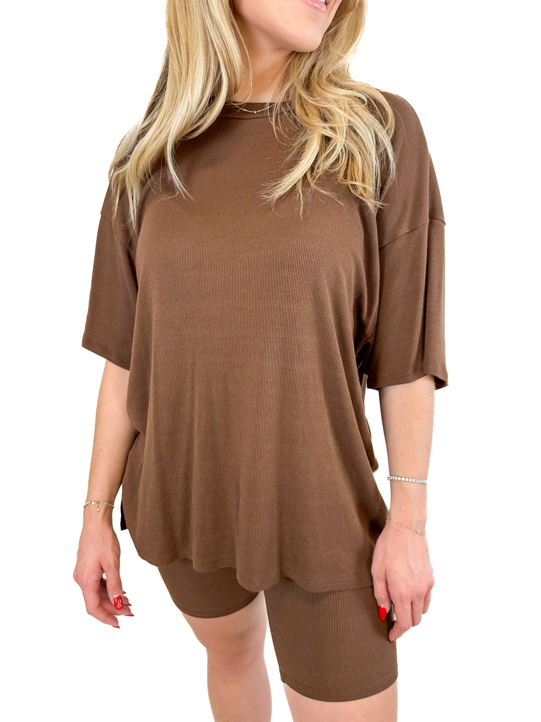 Talulah Brown Ribbed Oversized Tee and Bike Shorts Set (S)