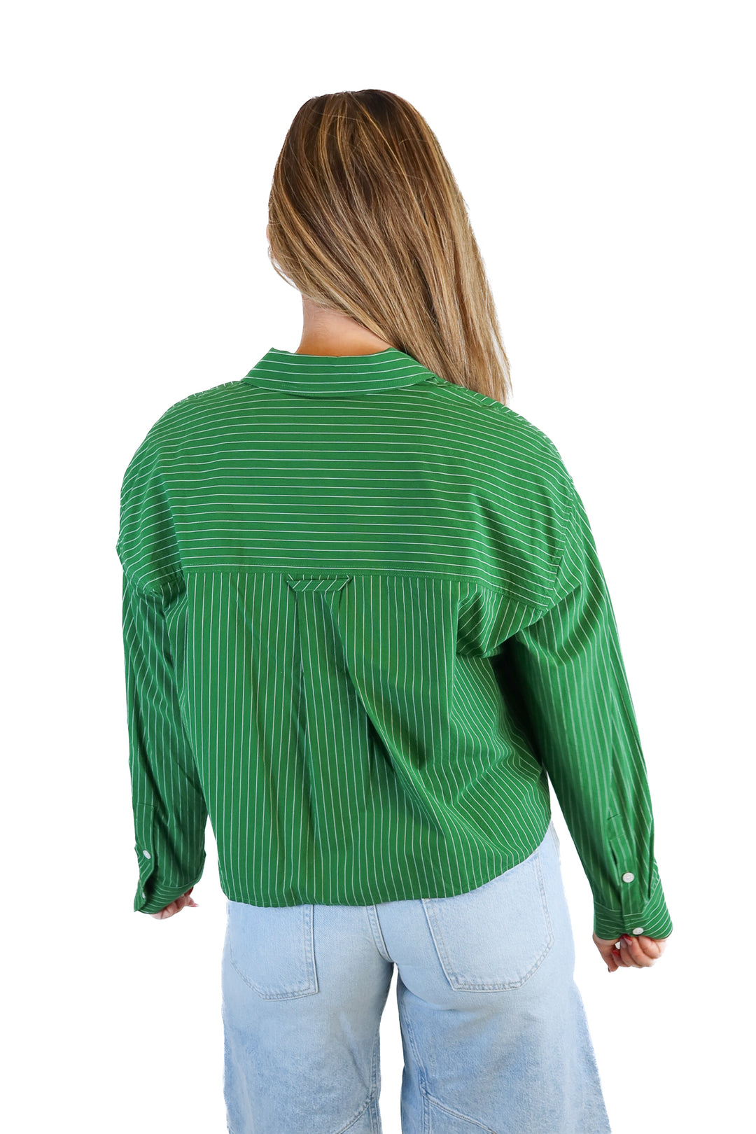 madewell green striped cropped button up (s)