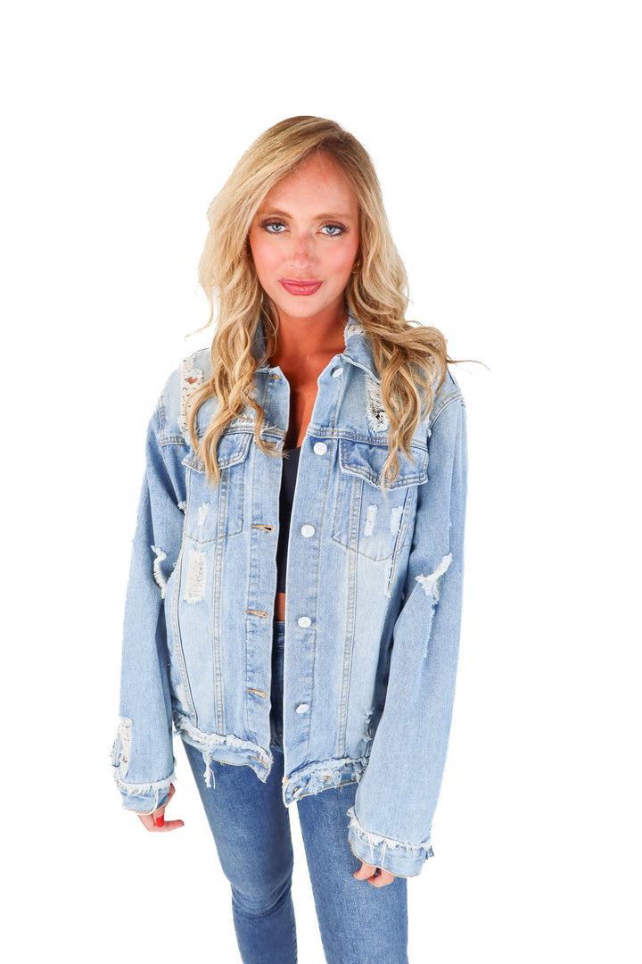 Wren + Glory Sassy Angel Distressed Denim Jacket (S; retails $425)