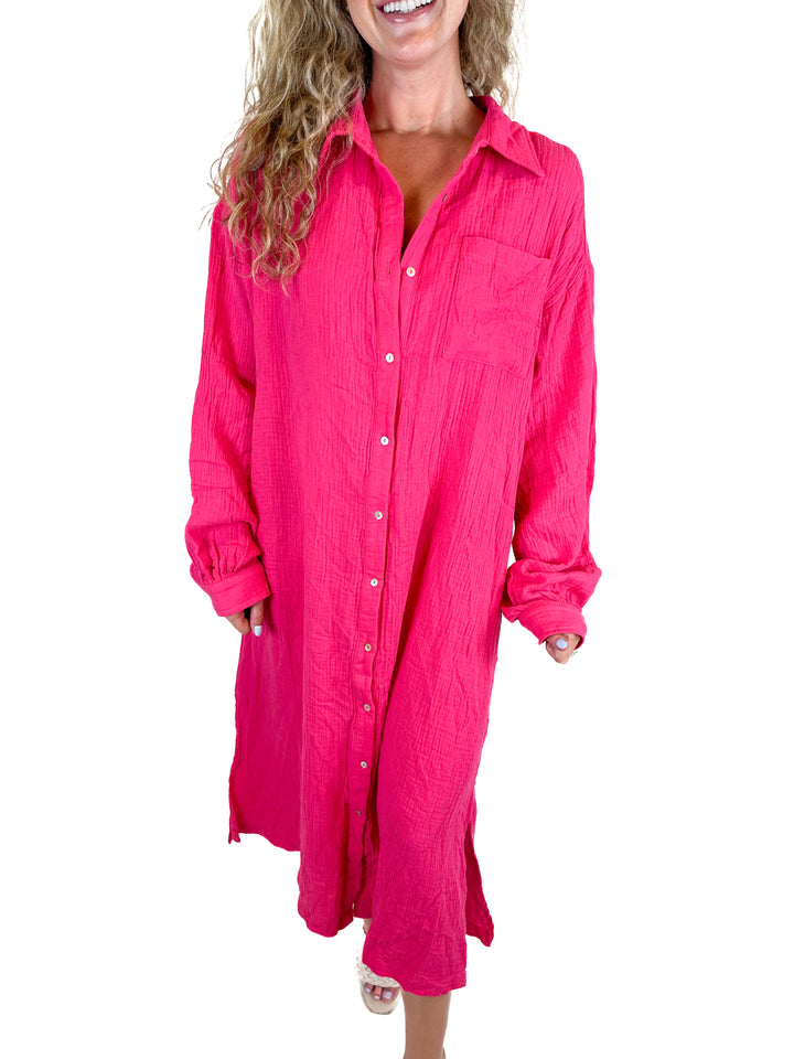 Aura Hot Pink Maxi Shirt Dress (M)*