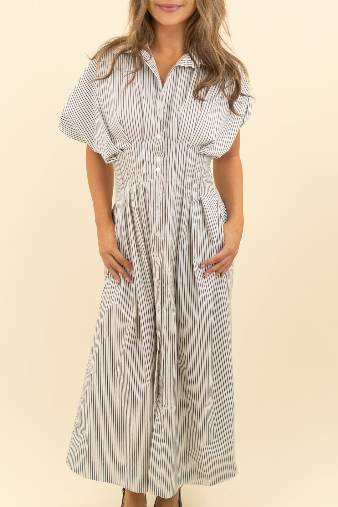 exquise dark gray and white striped button down dress (xs; retail $178)