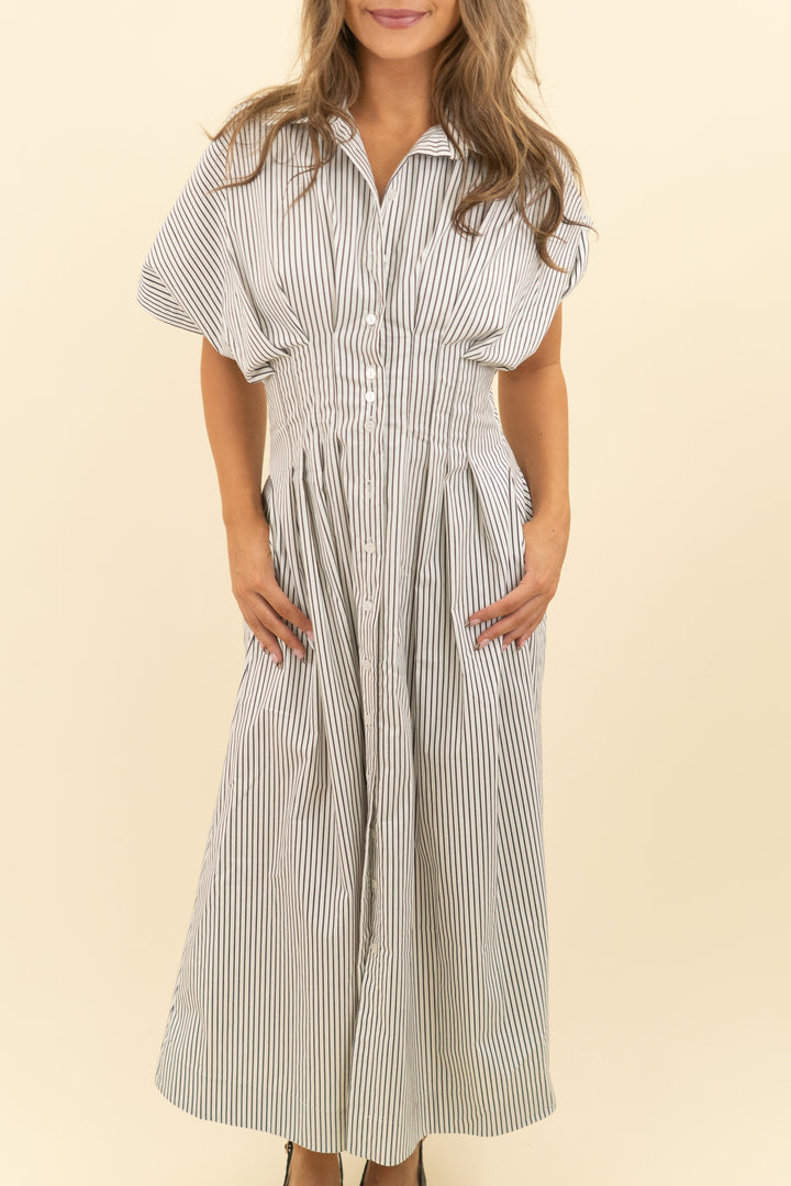 exquise dark gray and white striped button down dress (xs; retail $178)