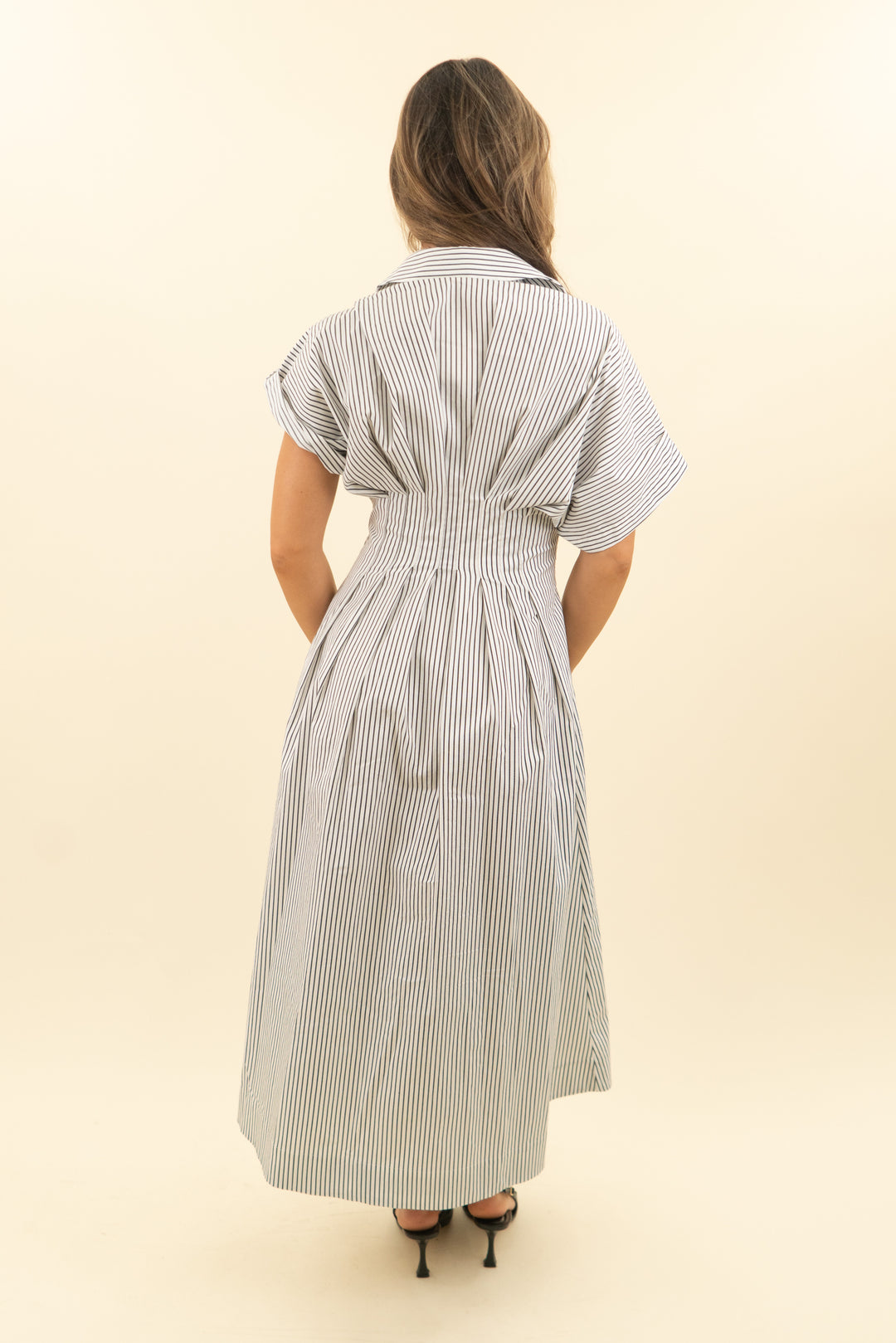 exquise dark gray and white striped button down dress (xs; retail $178)