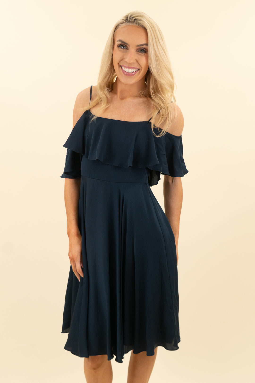 milly navy satin cold shoulder flowy mini dress (6; retail $465)