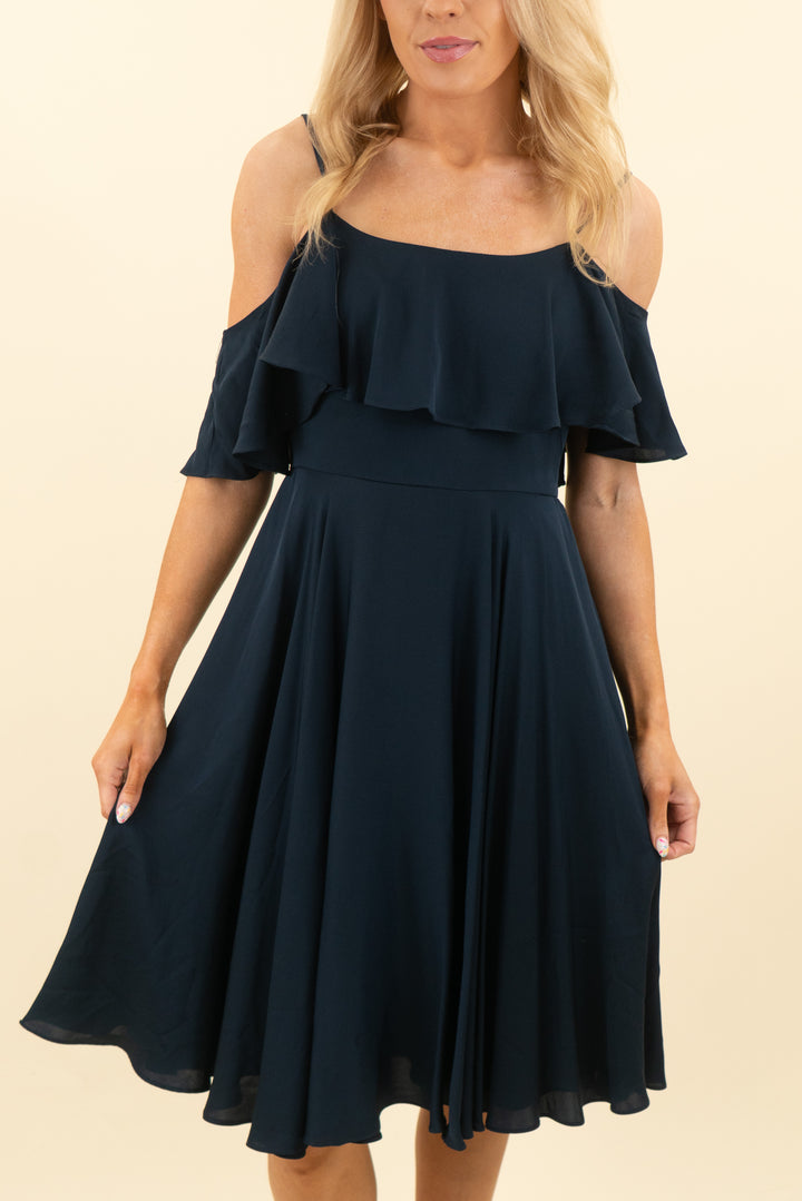 milly navy satin cold shoulder flowy mini dress (6; retail $465)