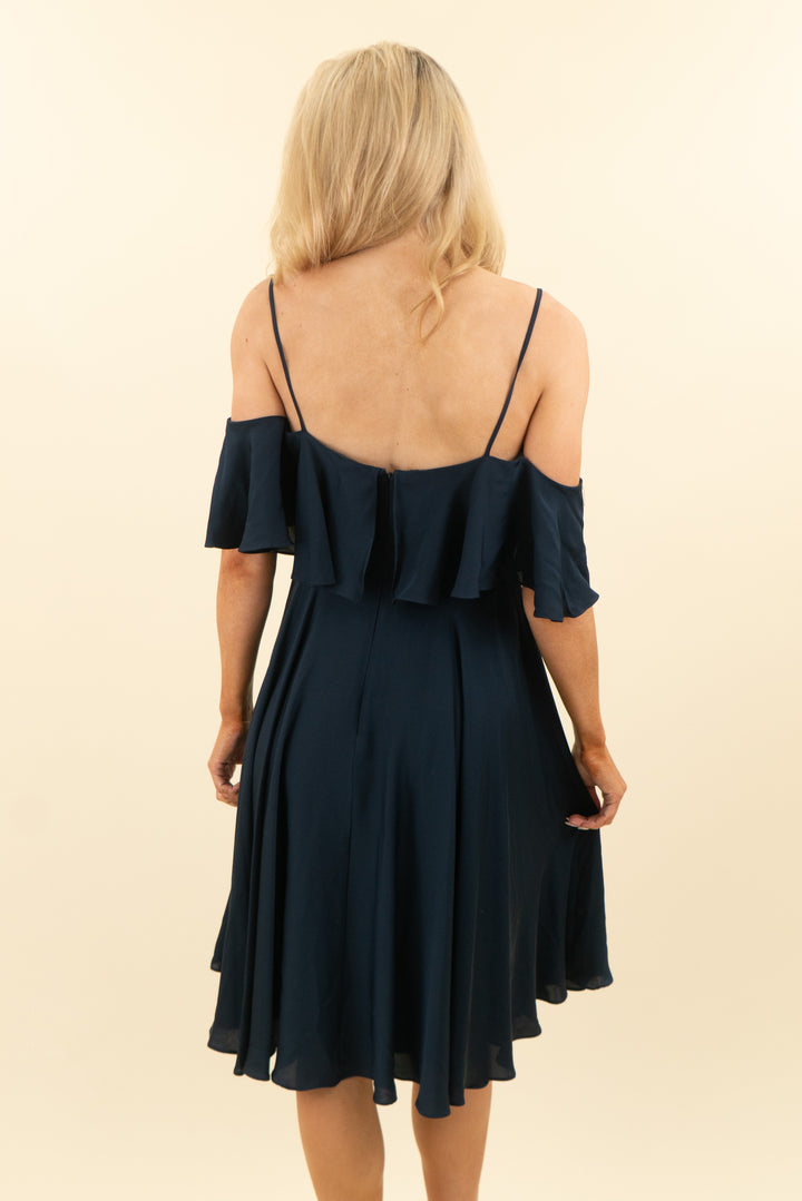 milly navy satin cold shoulder flowy mini dress (6; retail $465)