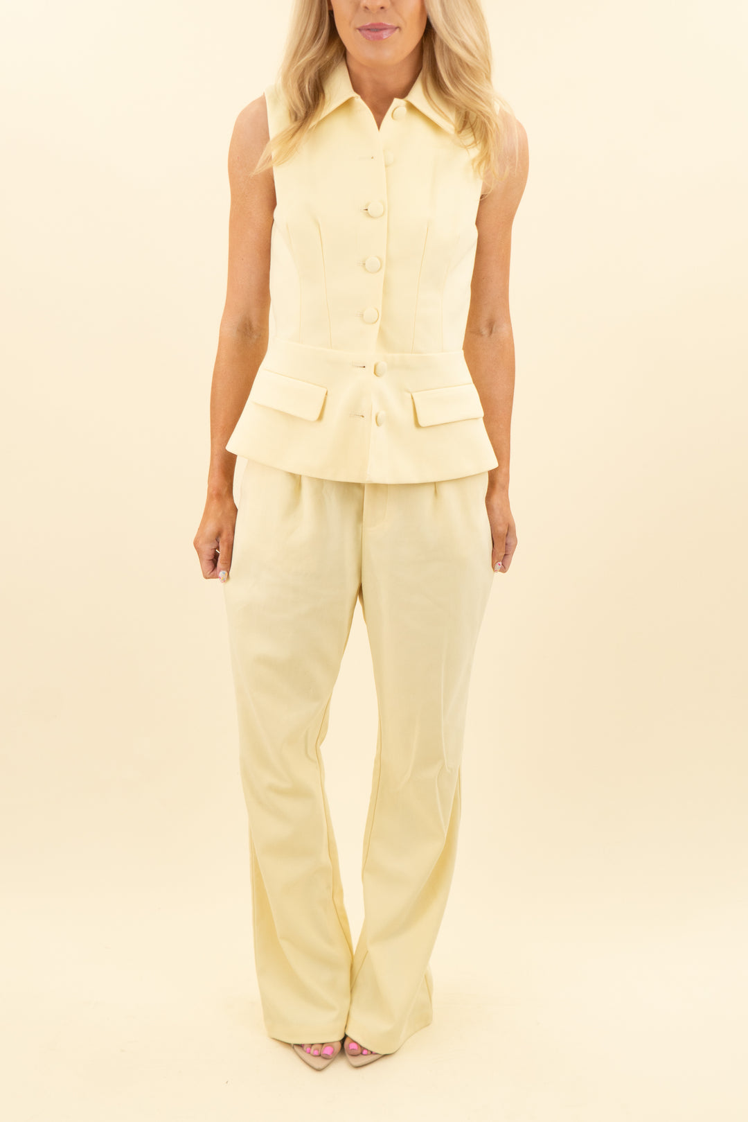 alb butter yellow trousers and collared button down vest set (s; retail $248)