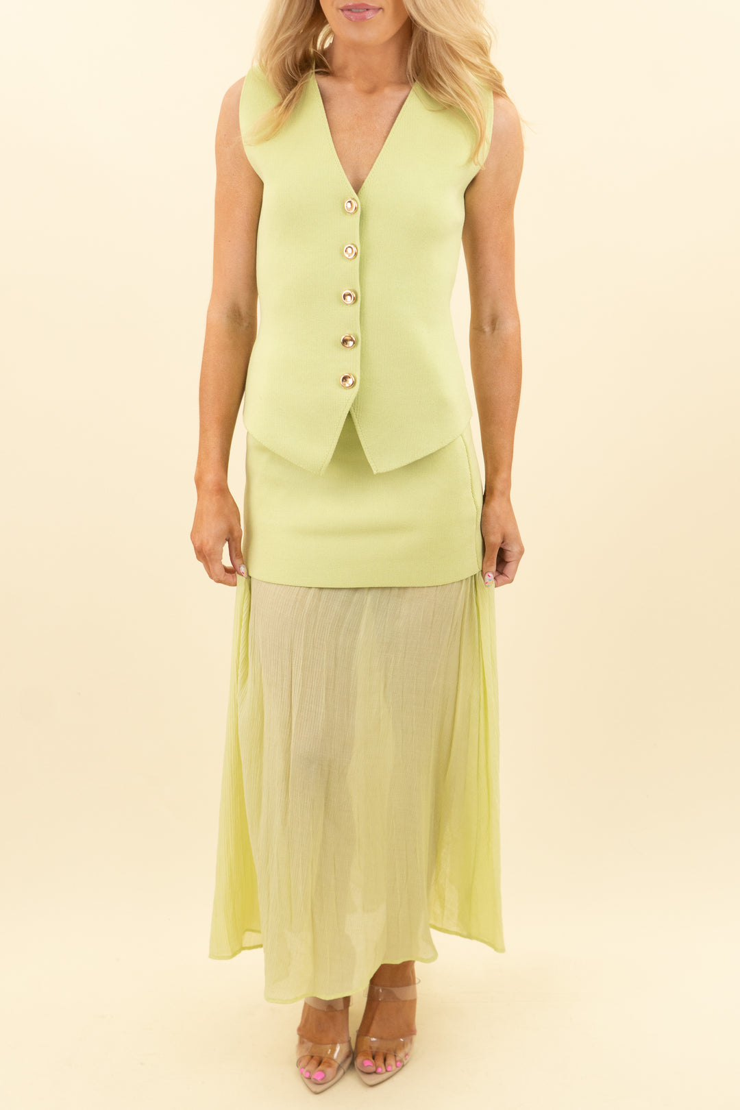 zara lime green knit top and plisse flowy midi skirt (s; retail $119)
