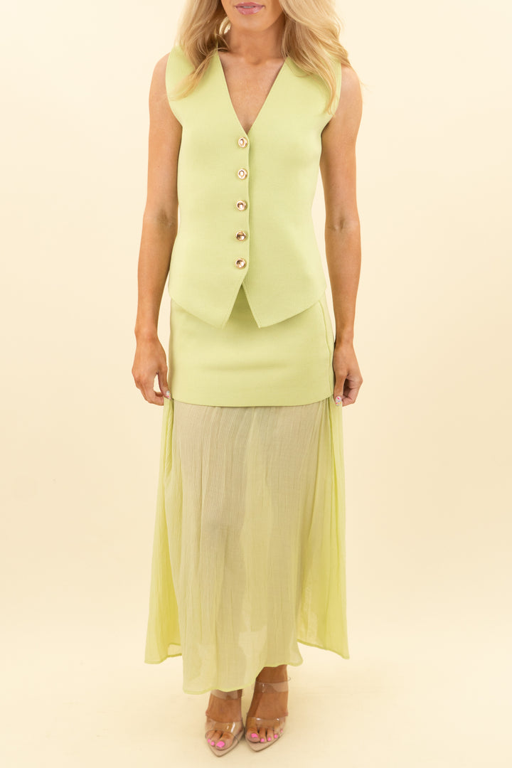 zara lime green knit top and plisse flowy midi skirt (s; retail $119)
