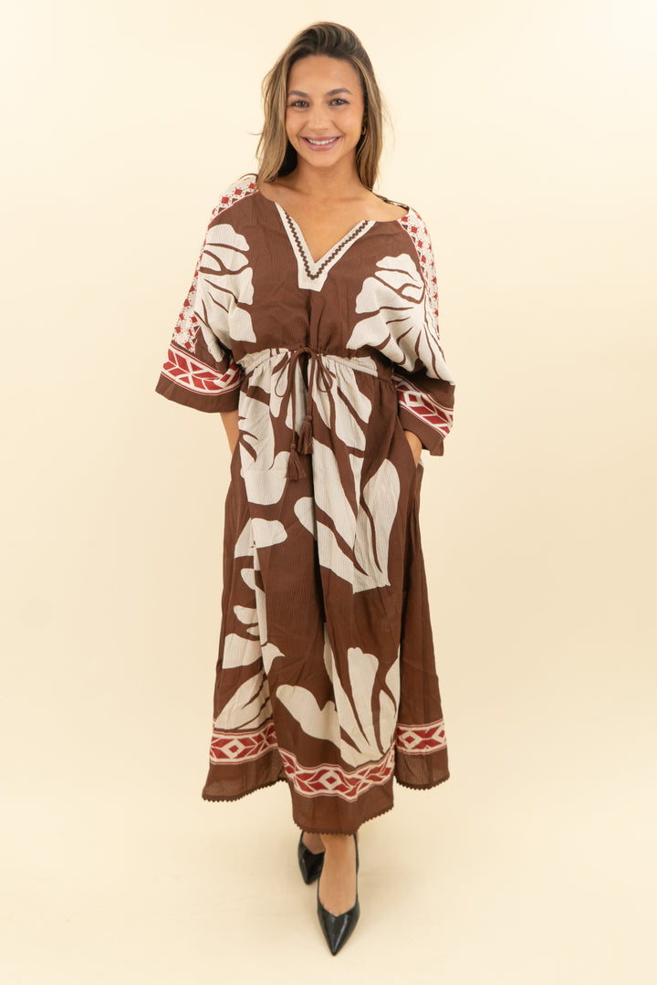 avara brown and multicolored patterned dress nwt (xs; retail $124)