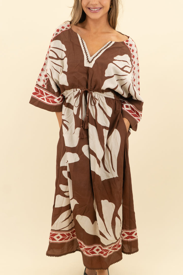 avara brown and multicolored patterned dress nwt (xs; retail $124)