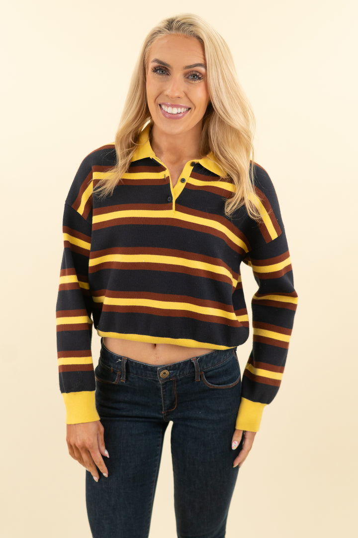 zara navy, yellow and brown striped knit polo shirt (s; retail $35.90)