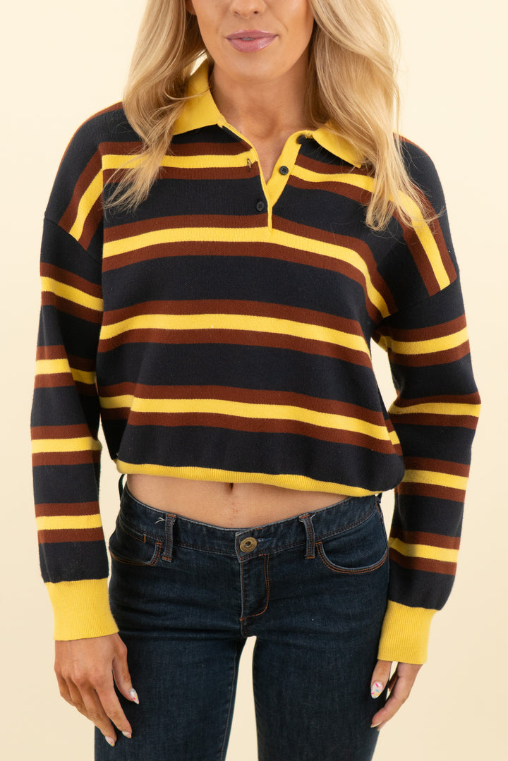 zara navy, yellow and brown striped knit polo shirt (s; retail $35.90)