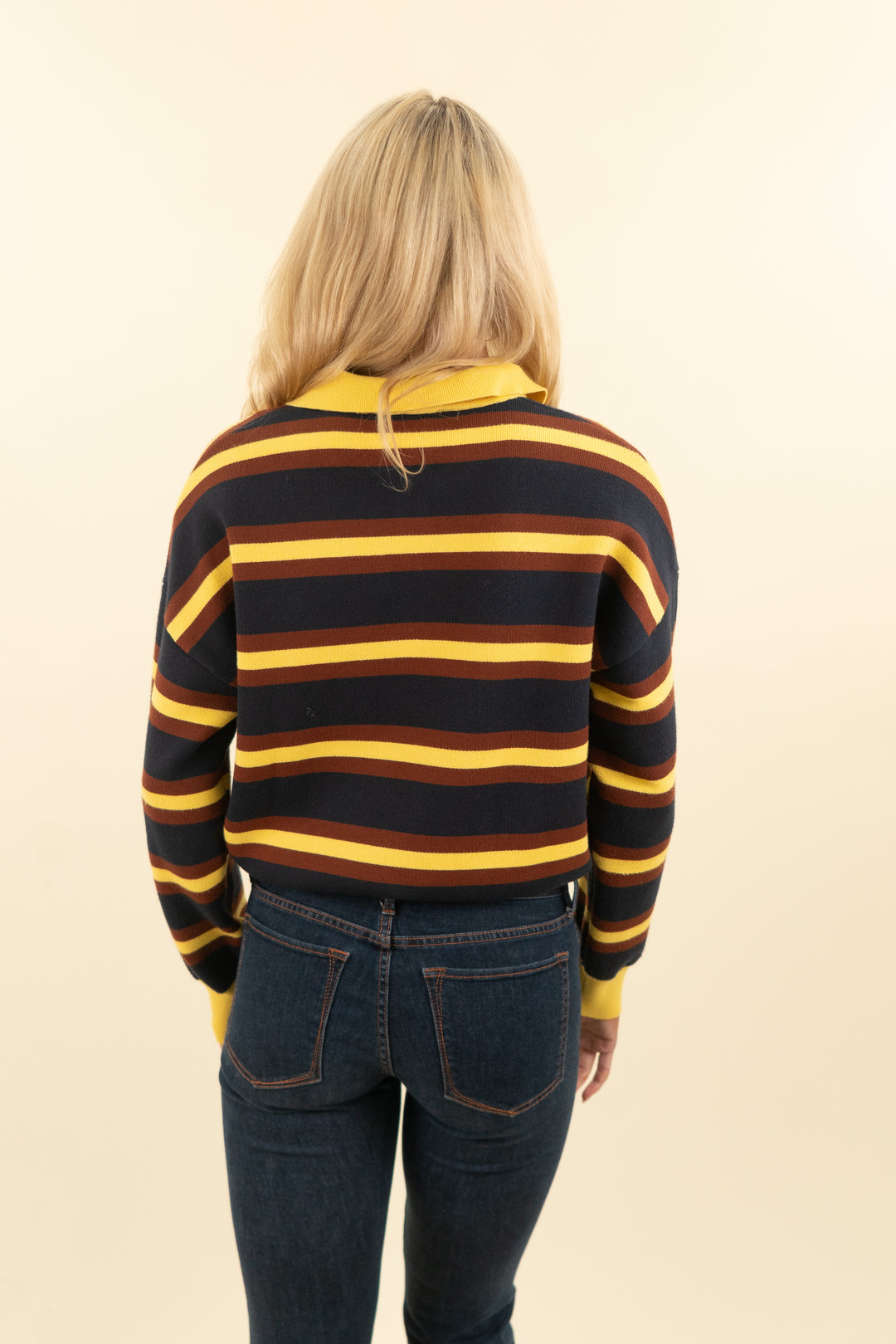 zara navy, yellow and brown striped knit polo shirt (s; retail $35.90)