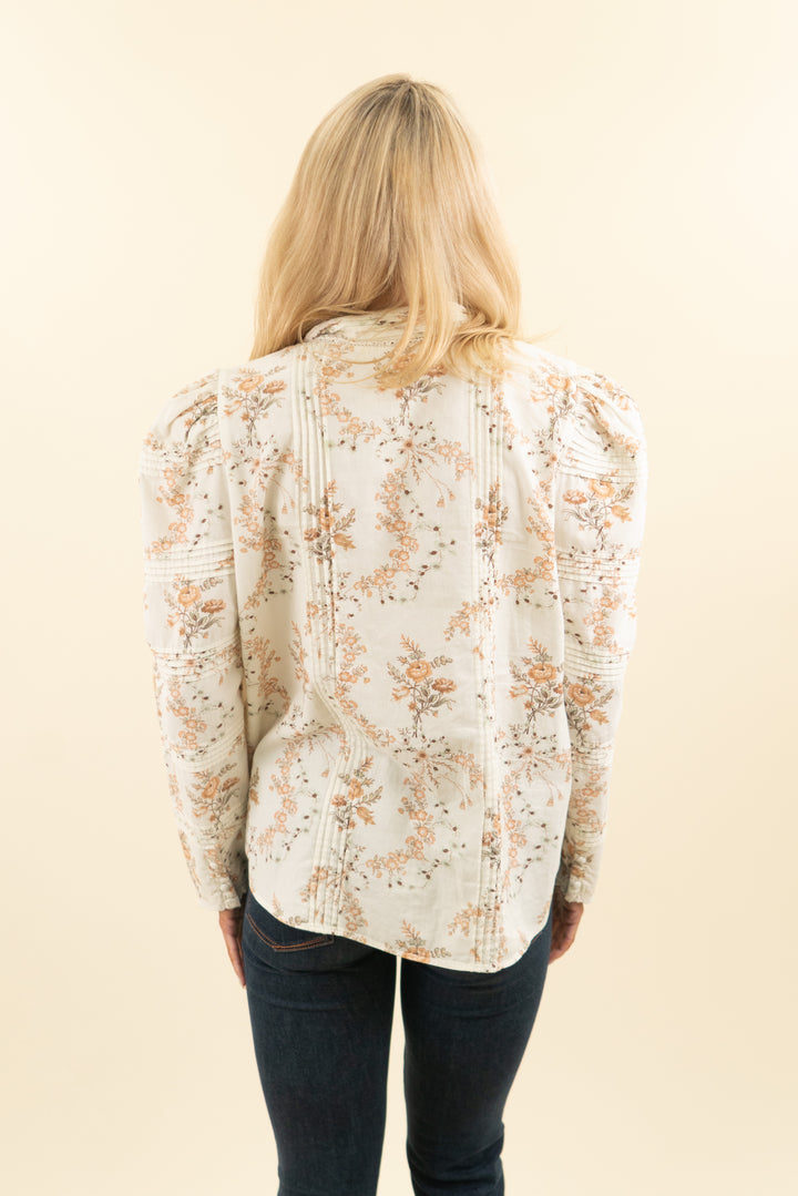loveshack fancy cream and rust floral print long sleeve button down top with eyelet detail (s/m; retail $395)