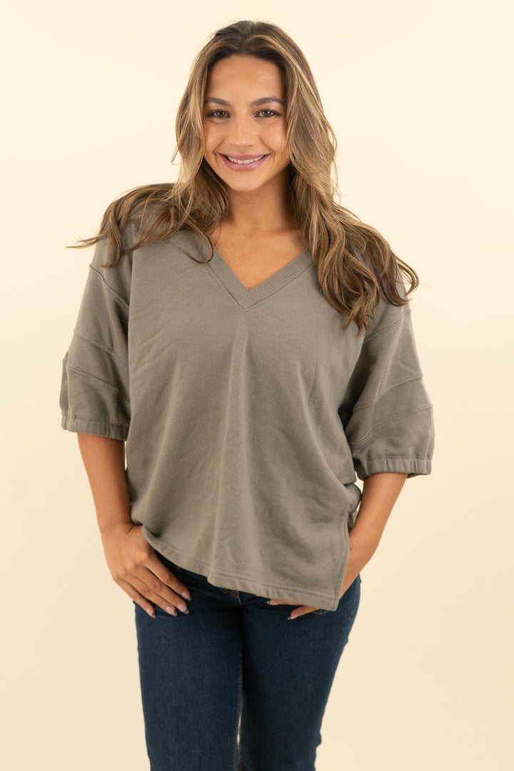 free people dark green quarter sleeve top (xs; retail $78)