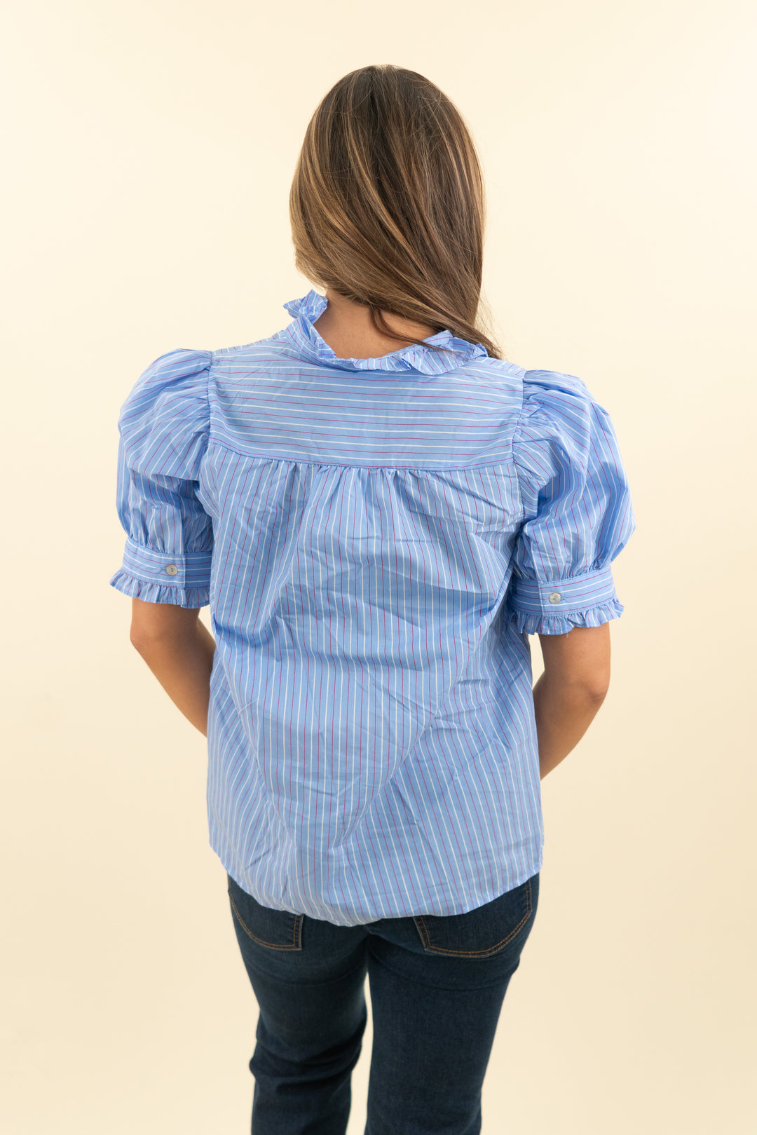 entro medium blue and multicolored striped blouse nwt (s; retail $78)