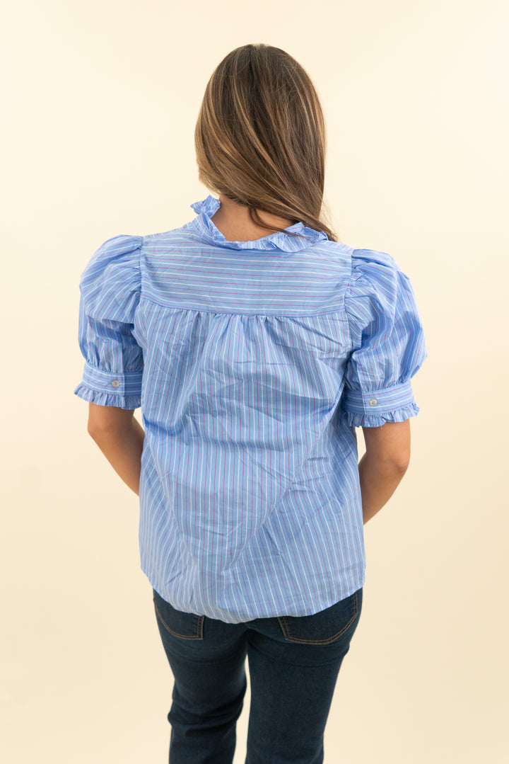 entro medium blue and multicolored striped blouse nwt (s; retail $78)