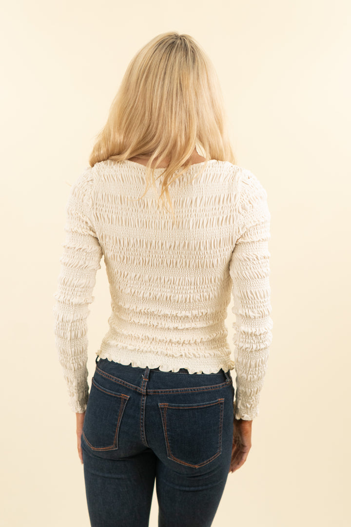 frame ivory shirred long sleeve scoop neck shirt (s; retail $298)