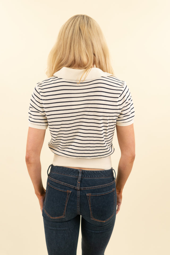 frame ivory and navy striped knit short sleeve collared top (s; retail $398)