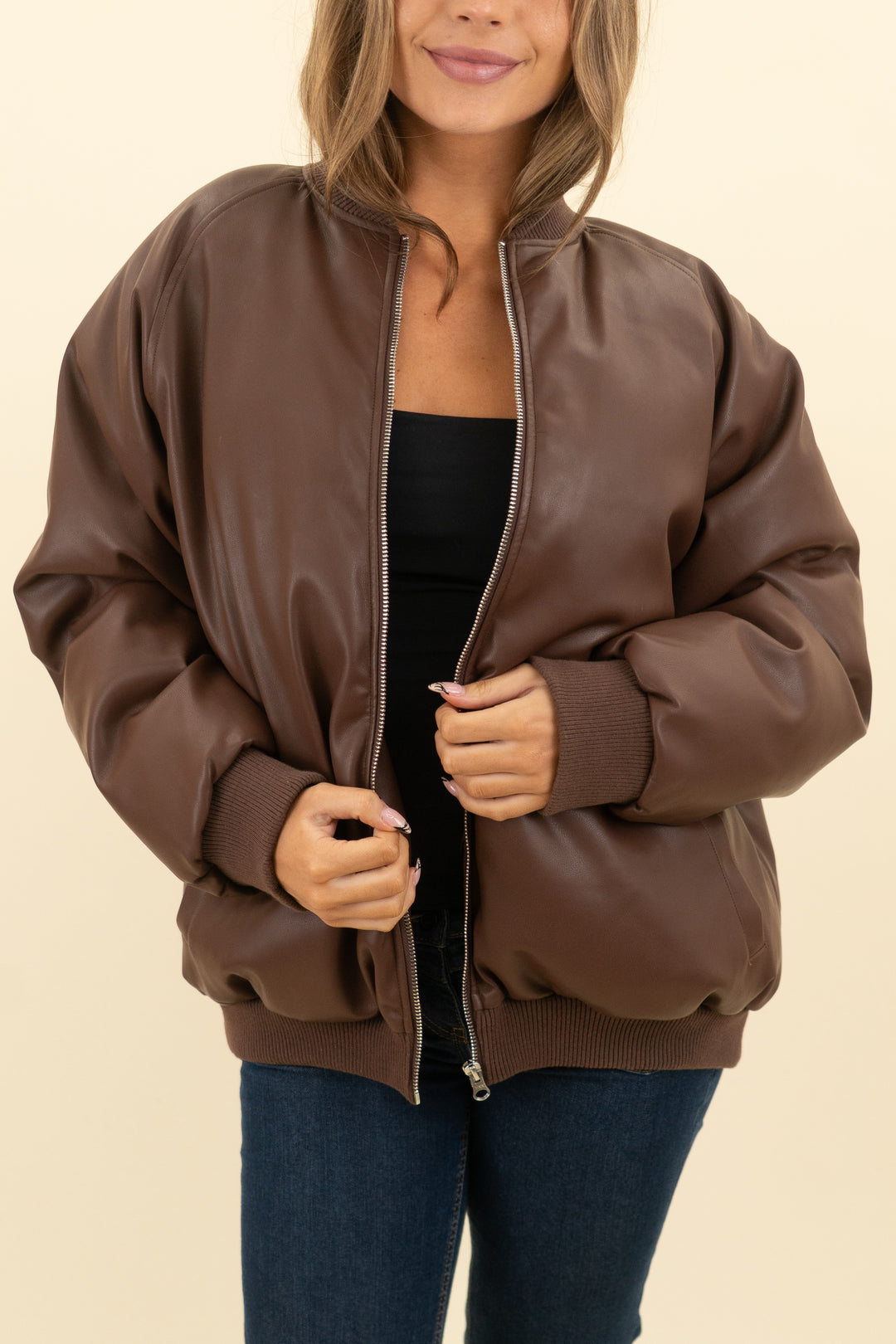 set active brown vegan leather puffy bomber coat (s; retail $215)
