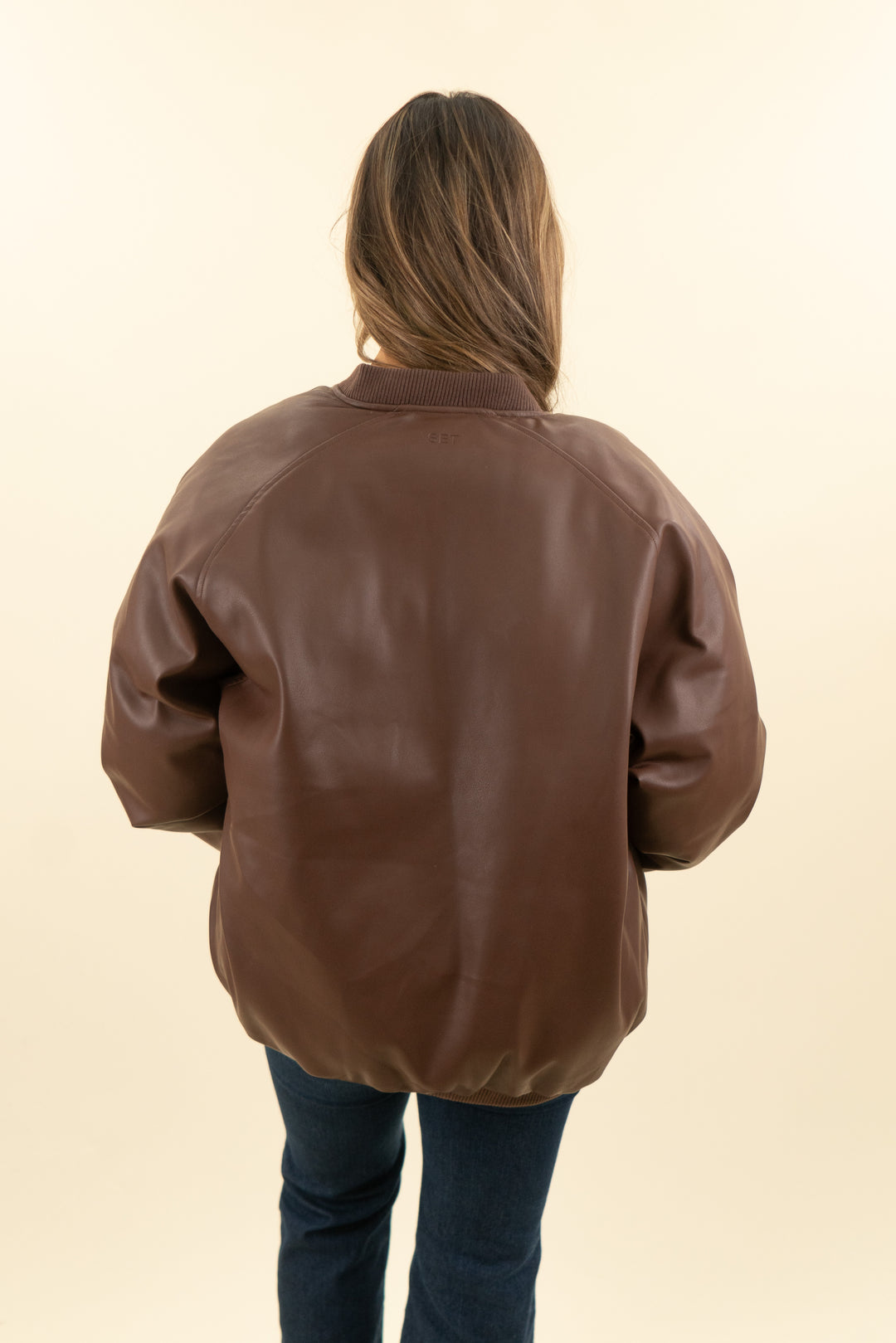 set active brown vegan leather puffy bomber coat (s; retail $215)