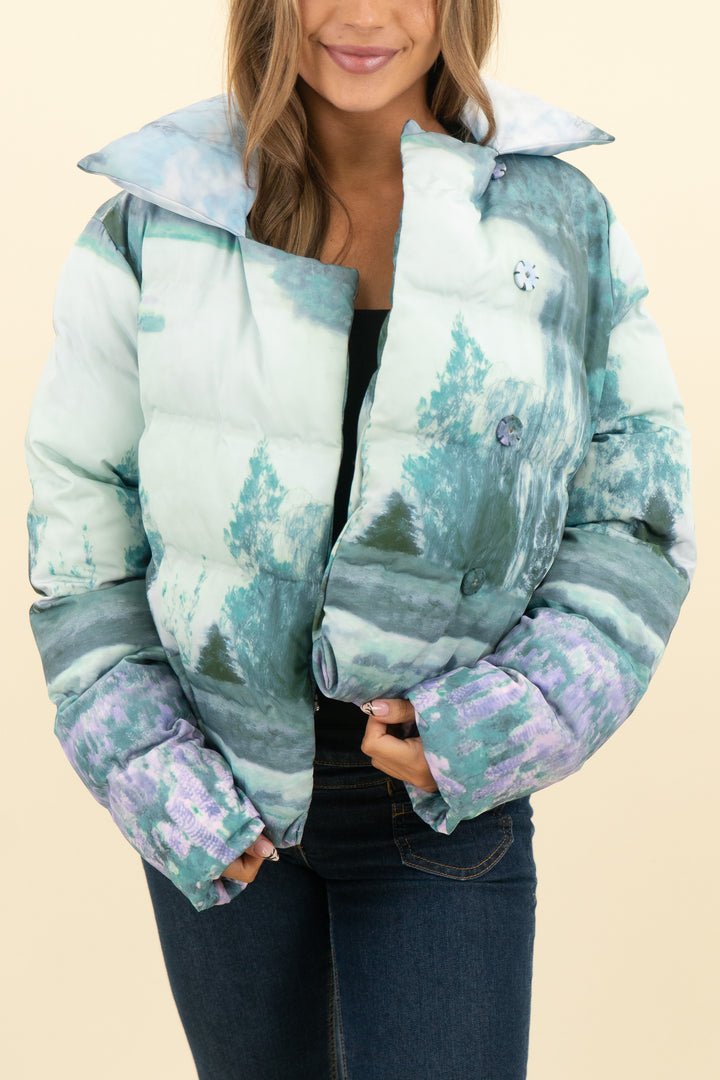 song of style blue and green multicolor ezi landscape print puffer (s; retail $398)