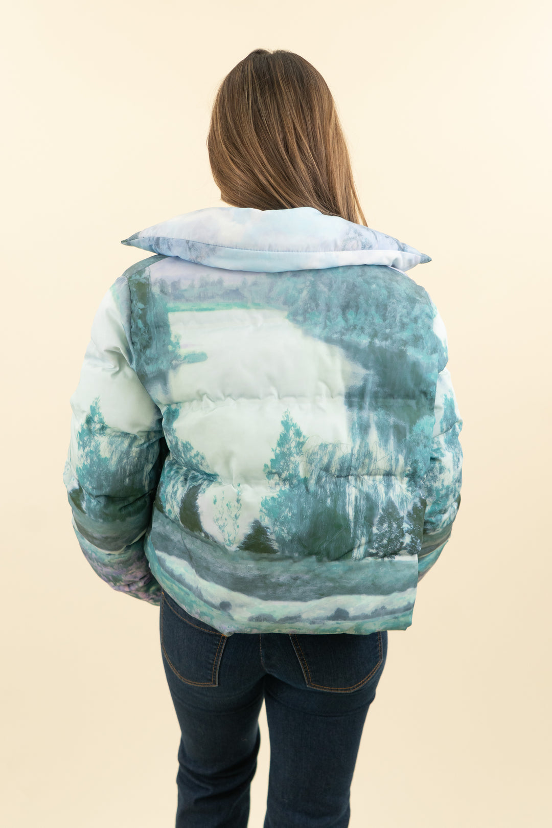 song of style blue and green multicolor ezi landscape print puffer (s; retail $398)
