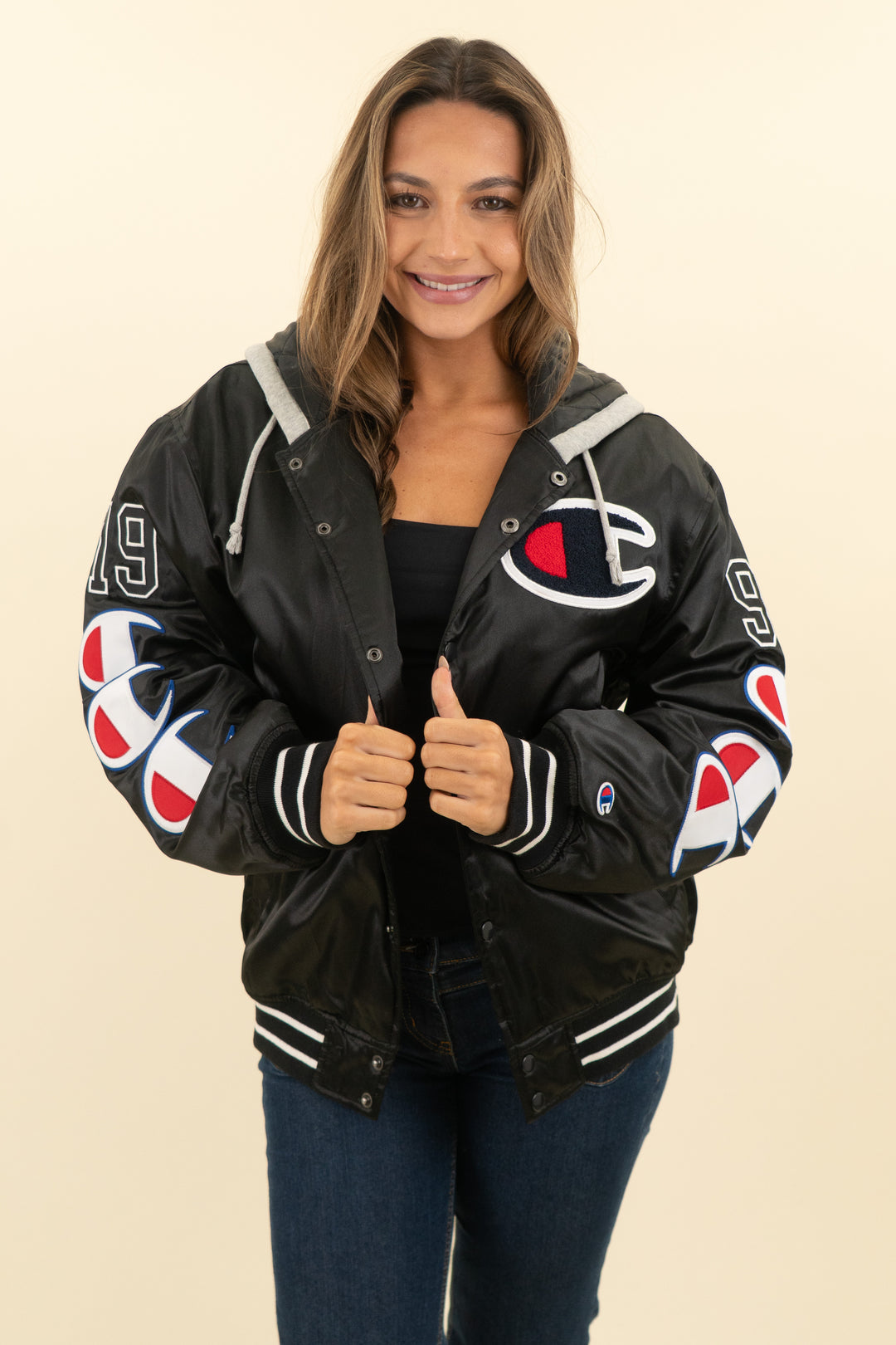 champion x supreme black satin varsity bomber jacket with hood (s; retail $590)