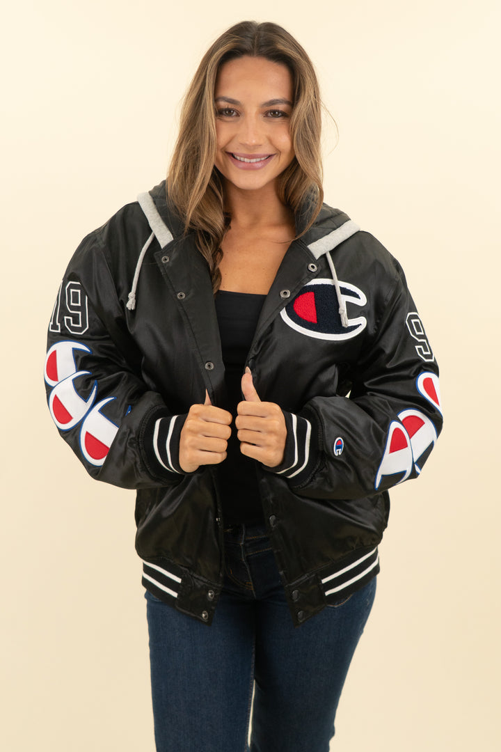 champion x supreme black satin varsity bomber jacket with hood (s; retail $590)