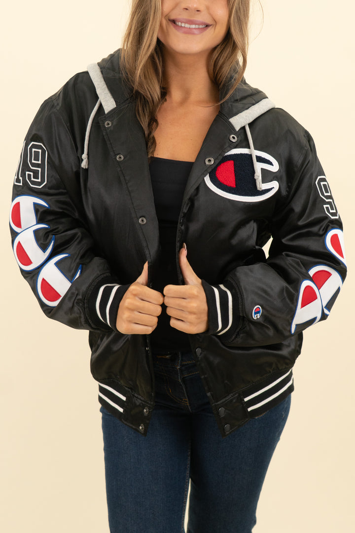 champion x supreme black satin varsity bomber jacket with hood (s; retail $590)