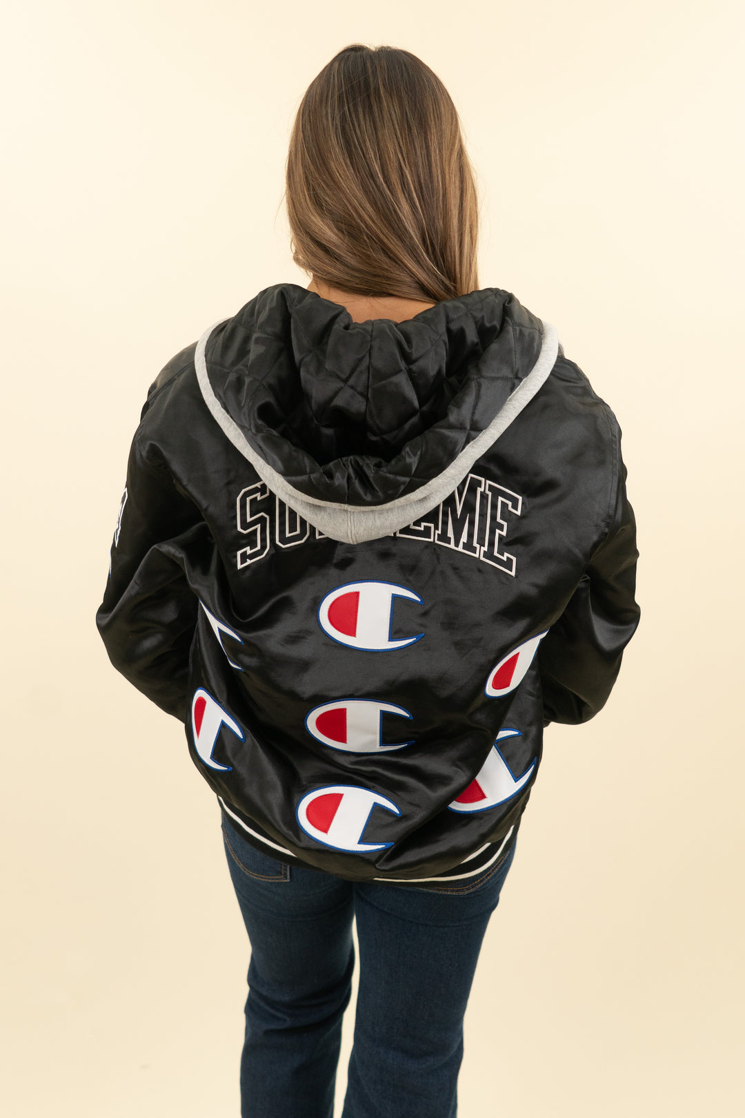 champion x supreme black satin varsity bomber jacket with hood (s; retail $590)