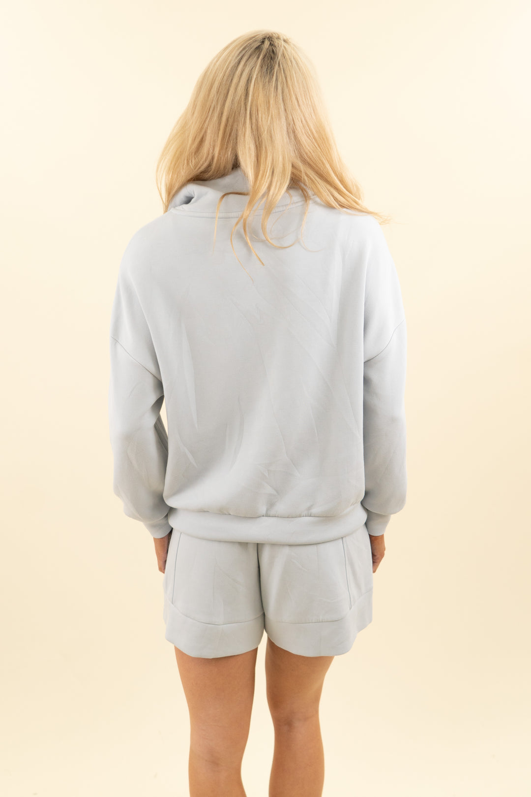 varley light blue quarter zip and short set (xs; retail $246)