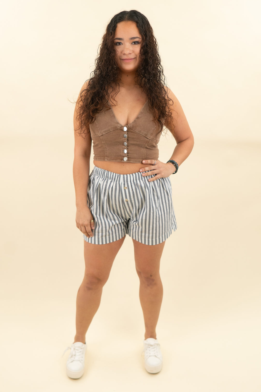 solaí dark gray and white striped shorts (m; retail $54)