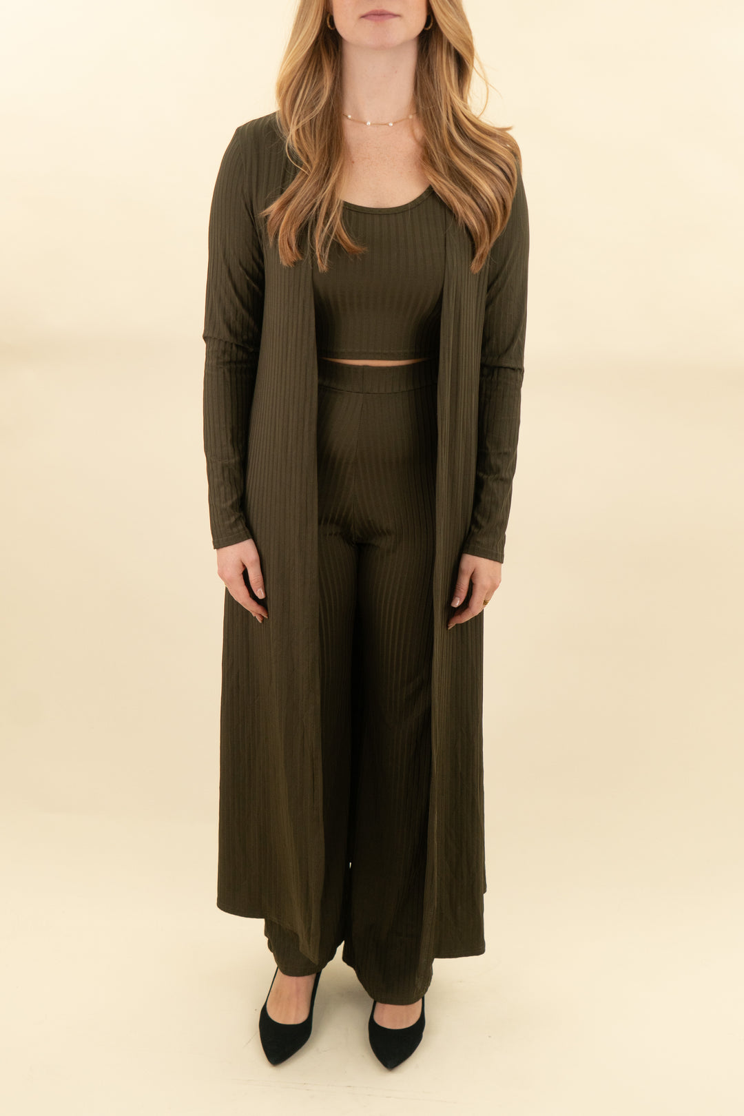 dark olive green ribbed 3 piece pant and top set (m; retail $60)