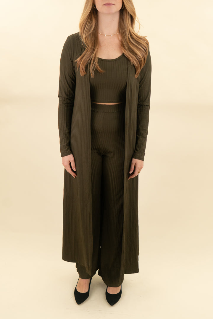 dark olive green ribbed 3 piece pant and top set (m; retail $60)