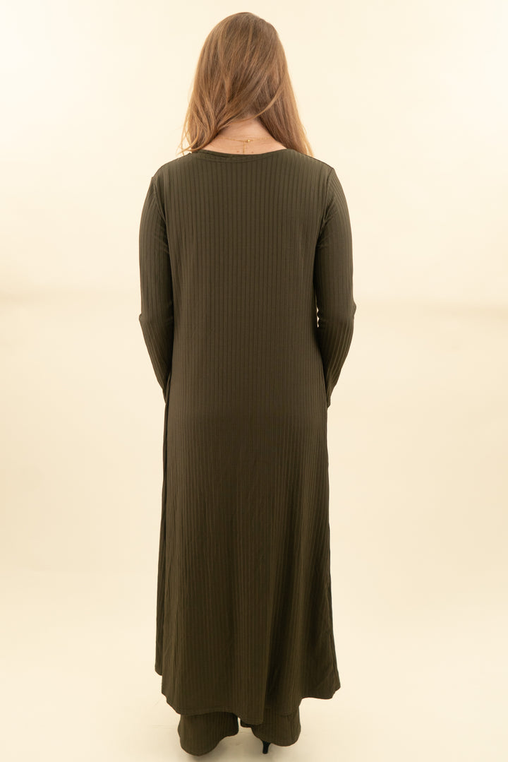 dark olive green ribbed 3 piece pant and top set (m; retail $60)
